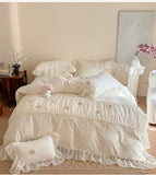 Korean Princess Style Lace Ruffles Wedding Bedding Set Soft Rose Flowers Four-Piece Set Duvet Cover Bed Sheet Pillowcase 4Pcs
