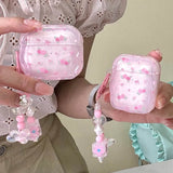 Cute Pink Flower Pattern Headphones Case For Airpods 4 Pro 2nd 3rd Generation Soft Cover For AirPods 1 2 3 With Pearl Keychain