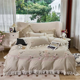 Premium Egyptian Cotton Flowers Embroidery Lace Ruffles Princess Bedding Set Duvet Cover Set Flat/Fitted Sheet Pillowcases 4Pcs