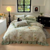 100% Cotton Korean Princess Style Flower Print Ruffles Bedding Set Queen Size Duvet Cover Flat/Fitted Bed Sheet Pillowcases 4Pcs