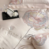 Pink Flower Embroidery Luxury Bedding Set Lyocell Soft Silky Antimicrobial Duvet Cover Flat/Fitted Bed Sheet Pillowcases 4Pcs
