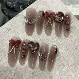 10Pcs Handmade Long False Nails with Glue Press On Nails Full Cover Glitter Almond Heart Rhinestone Manicure Wearable Nail Tips