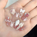 Handmade Press On Nails Ballet Ribbon Blush Fake Nails With Angel Diamond Decor French Tip Pink Gradient False Y2k Nails Long