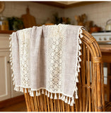 Bohemian Crochet Lace Kitchen Curtain with Tassel Trim, Spliced Design Boho Curtains for Window Panel Light Filtering Drape