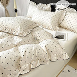 3pcs  Korean lace Duvet Cover Set (1*Duvet Cover + 2*Pillowcase, Without Core), Black dot print print Bedding Set