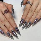 24Pcs Black Y2k Fake Nails with Diamond Halloween Long Almond False Nail Butterfly Design Wearable Oval Press on Nails Tips