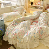 Korean Princess Style 4Pcs Floral Ruffles Bedding Set Single Queen Size Soft Skin-friendly Washed Cotton Duvet Cover Pillowcase