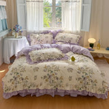 Romantic Flowers Prints Bedding Set Korean Style 100% Cotton Lace Princess Wedding Duvet Cover Bed Skirt Bedspread Pillowcases