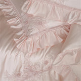 Pink Flowers Embroidery Ruffles Princess Wedding Bedding Set 1000TC Egyptian Cotton Duvet Cover Flat/Fitted Sheet Pillowcases