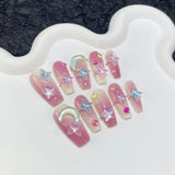 10Pcs Pink Coffin Handmade Press On Nails Moon Stars False Nails Sweet Bow Diamond Design Full Cover Ballet Fake Nails Press On