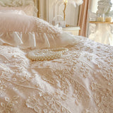 Romantic Floral Lace Embroidered Ruffles Princess Wedding Bedding Set 100% Cotton Duvet Cover Bed Sheet/Fitted Sheet Pillowcases