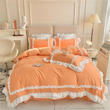Elegant Lace Bedding Sets Luxury Bed Linen Korean Princess Style Washed Cotton Ruffle Duvet Cover Bed Sheet Pillowcases for Girl