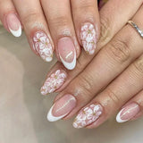 24Pcs Pink Almond False Nails Sweet Summer Fake Nail Cute Flowers Pearl Nails Press Ons Colorful Monet Press on Nails for Girls