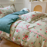 4Pcs Korean Princess Style Floral Ruffles 100% Cotton Bedding Set Queen King Size Duvet Cover Bed Sheet/Fitted Sheet Pillowcases