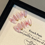 10Pcs Blush Handmade Press on Nails Full Cover Colorful Flower French Almond Cat Eye False Nails Wearable Manicure Nail Tips Art