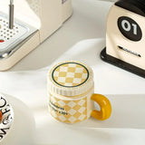 400ML Flowers Ceramic Mug with Lid Creative Checkerboard Grid Pattern Coffee Mug Home Office Breakfast Milk Cup Birthday Gift
