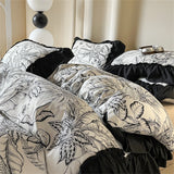 Washed Cotton Bedding Sets With Lace Black Printed Four Piece Set Bedroom Decor Duvet Cover Pillowcase Bedspread Bed Cover Sets