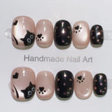 10pcs Short Ballet Handmade False Nails Blue Cat's Eye Fake Nail Tips with Glitter Flower Design Press on Nails Black Manicure