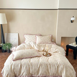 Korean Princess Floral Ruffles 100% Cotton Double Layer Yarn Soft Bedding Set Single Queen King Duvet Cover Bed Sheet Pillowcase