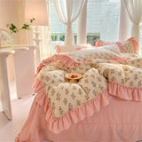 Fashion Flower Bedding Set Bed Sheet Cute Princess AB Double Sided Ruffle Flower Quilt Cover Pillowcase Bedclothes Home Textiles