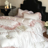 Flowers Embroidery Ruffles Princess Bedding Set Lyocell Bamboo Fiber Soft Silky Duvet Cover Flat/Fitted Bed Sheet Pillowcases