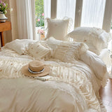 800TC Lyocell Bamboo Fiber Soft Silky Cooling Bedding Set Pink Romantic Lace Ruffles Duvet Cover Flat/Fitted Sheet Pillowcases