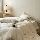 100% Cotton Wrinkled Yarn Flower Embroidery Bedding Set Single Queen King Size Duvet Cover Flat/Fitted Sheet Lace-Up Pillowcases