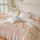 Luxury Princess Style Pink 100% Cotton Bedding Set Ruffles Bed Cover Set Soft Comforter Cover Set Bed Sheet Pillowcases 4Pcs
