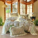 100% Cotton Double-layer yarn Bedding Set Vintage Chic Flowers Wide Chiffon Ruffle Edge Duvet cover Bed Sheet Pillowcases 4Pcs