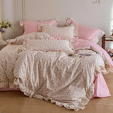 Double Layer Lace Ruffles 100% Cotton Princess Style Bedding Set Single Queen King Size Floral Duvet Cover Bed Sheet Pillowcases