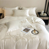 800TC Lyocell Fiber Soft Silky Cooling Summer Bedding Set Flowers Embroidery Duvet Cover Bed Sheet/Fitted Sheet Pillowcases 4Pcs