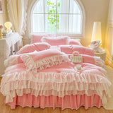 4Pcs Korean Princess Style Winter Thick Warm Milk Velvet Bedding Set Three-layer Lace Ruffles Duver Cover Bed Skirt Pillowcases