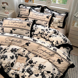 Korean Black White Hepburn Style Bedding Sets Ultra Soft Breathable Duvet Cover Set with Black Lace Fitted Sheet Set for Adults