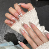 10Pcs Handmade Press on Nails Full Cover Shiny Butterfly Rhinestone French Ballet Design False Nails Wearable Manicure Nail Tips