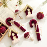 New Christmas Decorations: Burgundy Velvet Christmas Ball Set with Mushroom House and Cane Christmas Tree Ornaments