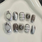 10Pcs Cute Short Round Handmade Fake Nail Glitter Colorful 3D Sweet Cool Art Finished Nail for Girl Wearable Full Cover Press On