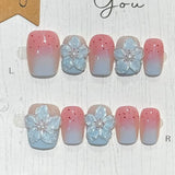 10Pcs Blue Sea Summer  Press on Nails with Hand Drawn Shell Pearl Starfish Designs Nail Art Reusable Handmade French False Nails