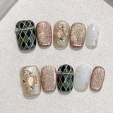 10Pcs Brown Handmade Press on Nails Full Cover Shiny Cat Eye Autumn-winter French Short Ballerina False Nails Wearable Manicure