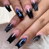 24pc Gradient False Nails with Jelly Glue Press on Nails Rose Black Lines Designs Ballet Fake Nails Wearable Full Cover Nail Tip