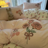Korean Style Bedding Set Green Strip Black Cat Embroidery Washed Cotton  Duvet Cover Cute Cardboard  Bed linen Comforter Sets
