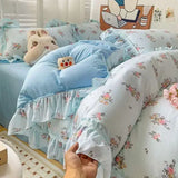 Ins Princess Romantic Duvet Cover Korean Floral Bedding Set Flat Sheet Set Skin-Friendly Washed Cotton Women Girls Bed Linen Set
