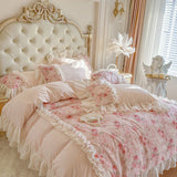 Luxury Princess Style 100% Cotton Bedding Set Floral Jacquard Lace Ruffles Duvet Cover Bed Sheet/Fitted Sheet Pillowcases 4Pcs
