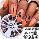 Halloween Nail Sequins 3D Nail Charms Witch Spider Net Black Cat Bat Pumpkin Black Gold Metallic Flakes Nail Art Sequins Decor