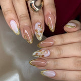 24pcs Red French Press on Nails Almond False Nails 3D Flowers Stick on Nails Sweet Cool Golden Line Nail Rhinestone Fake Nail