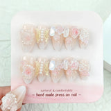 10Pcs Handmade Press on Nails Full Cover Cat Eye Sweet Butterfly Design Rhinestones False Nails French Almond Wearable Manicure