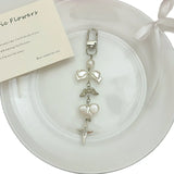 INS Korea Pearl Bow Knot Heart Charm Phone Pendant Crystal Wristband Keychain Bracelet Lanyard Cord