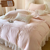 4Pcs Flowers Embroidery Lace Ruffles Princess Wedding Bedding Set Egyptian Cotton Duvet Cover Bed Sheet/Fitted Sheet Pillowcases