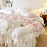 3/4Pcs French Romantic Lace Printed Ruffle Bedskirt Queen Size Quilt Cover Princess Style Boiled Cotton Double Bedding Set