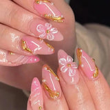 24pcs Light Pink Smudge Press on Nails Gold Leafing Nail Art Sweet 3D Floral Fake Nails Pearl Bow French False Nails Almond Nail