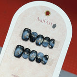 10pcs Cat Eye Handmade Press on Nails Glitter French False Nails Full Cover Flower Pattern Short Coffin Wearable Manicure Nail